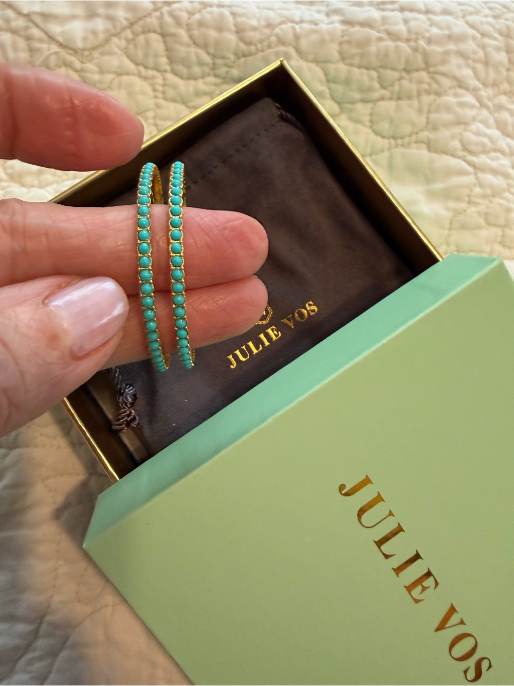 New in Box Julie Vos Juliette Large Hold Turquoise Blue Hoop Earrings